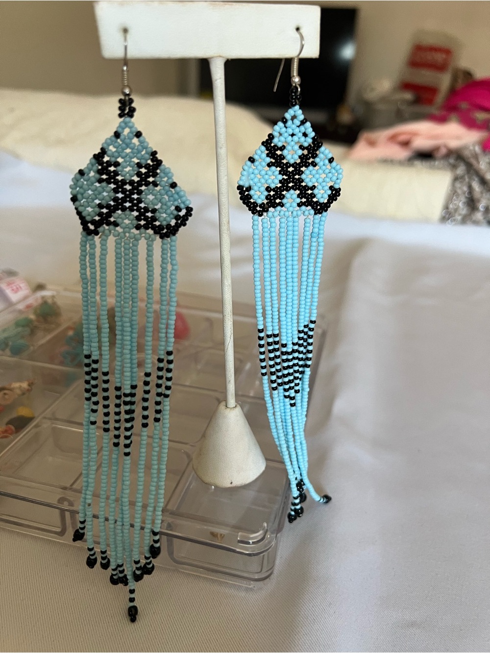 Light Blue and Black Beaded Fringe Earrings — Boho Chic Drop